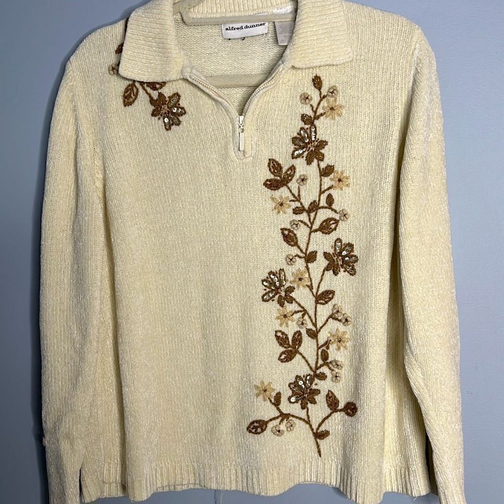 Vintage Alfred Dunner Cream Chenille 1/4 Zip Sweater Sz Medium Brown Flowers
